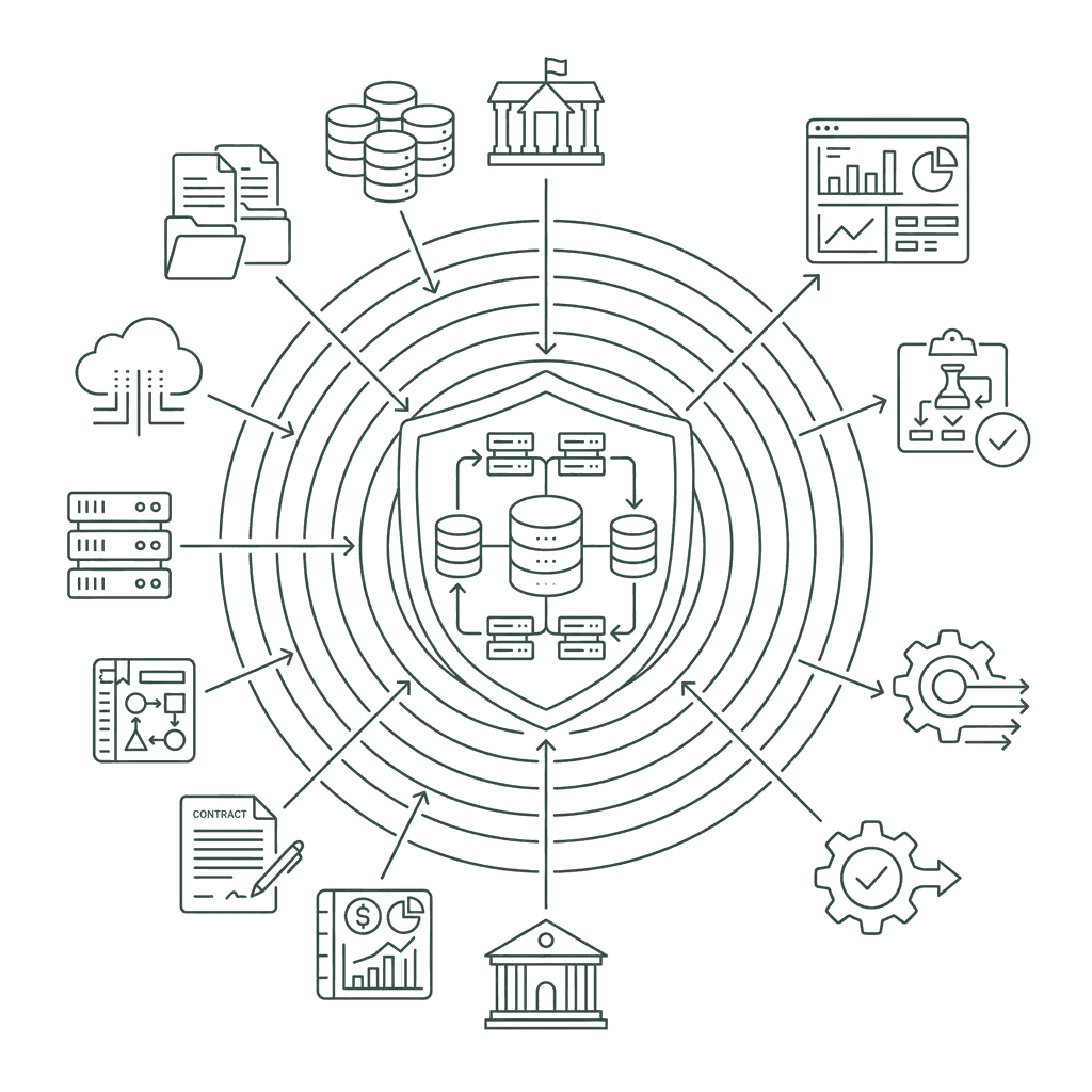 Data from institutions flowing into Attoscale's shielded, secure data core and out to intelligent workflows