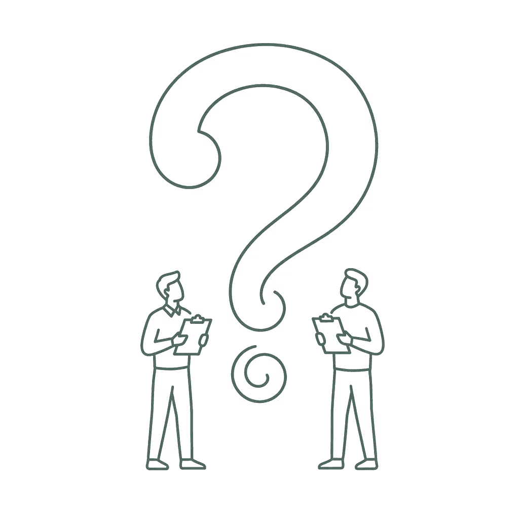 Two people taking notes beneath a large question mark