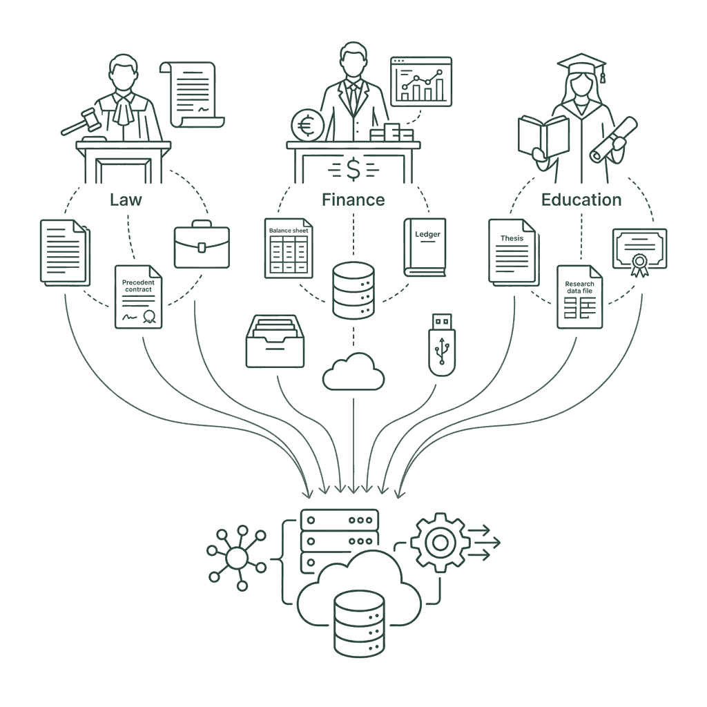 Fragmented records across law, finance, and education converging into managed data infrastructure